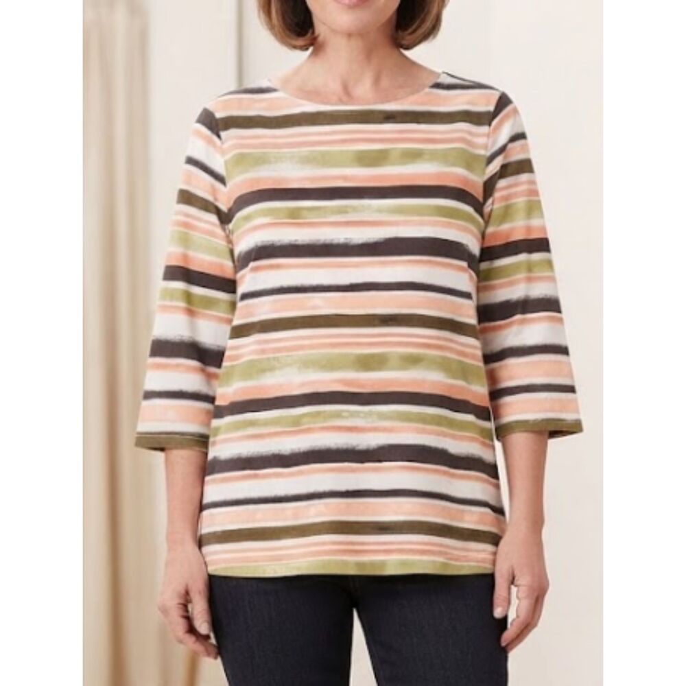 Denim & Co. Multi-Color Striped Top Scoop Neck 3/4 Sleeve Size Women's Size 2XP